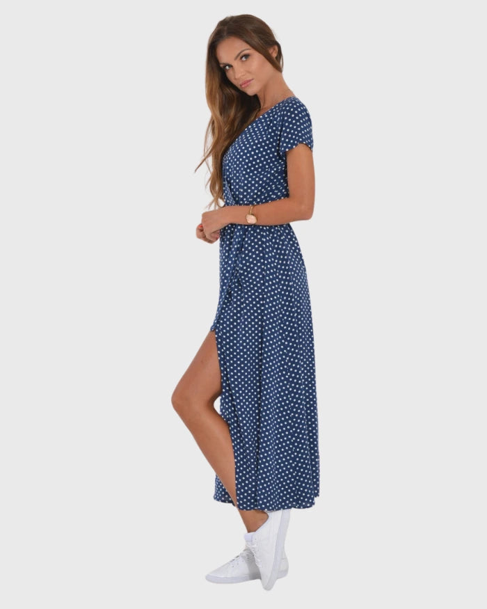 Luisa - Vestido longo elegante com mangas curtas e cinto
