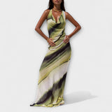 Vestido Maxi de Verão com Gola Alta e Amarração em Tie-Dye Gradiente Clássico
