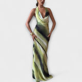 Vestido Maxi de Verão com Gola Alta e Amarração em Tie-Dye Gradiente Clássico