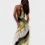 Vestido Maxi de Verão com Gola Alta e Amarração em Tie-Dye Gradiente Clássico