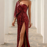 Vestido Cerimónia com Lantejoulas de Um Ombro