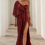 Vestido Cerimónia com Lantejoulas de Um Ombro