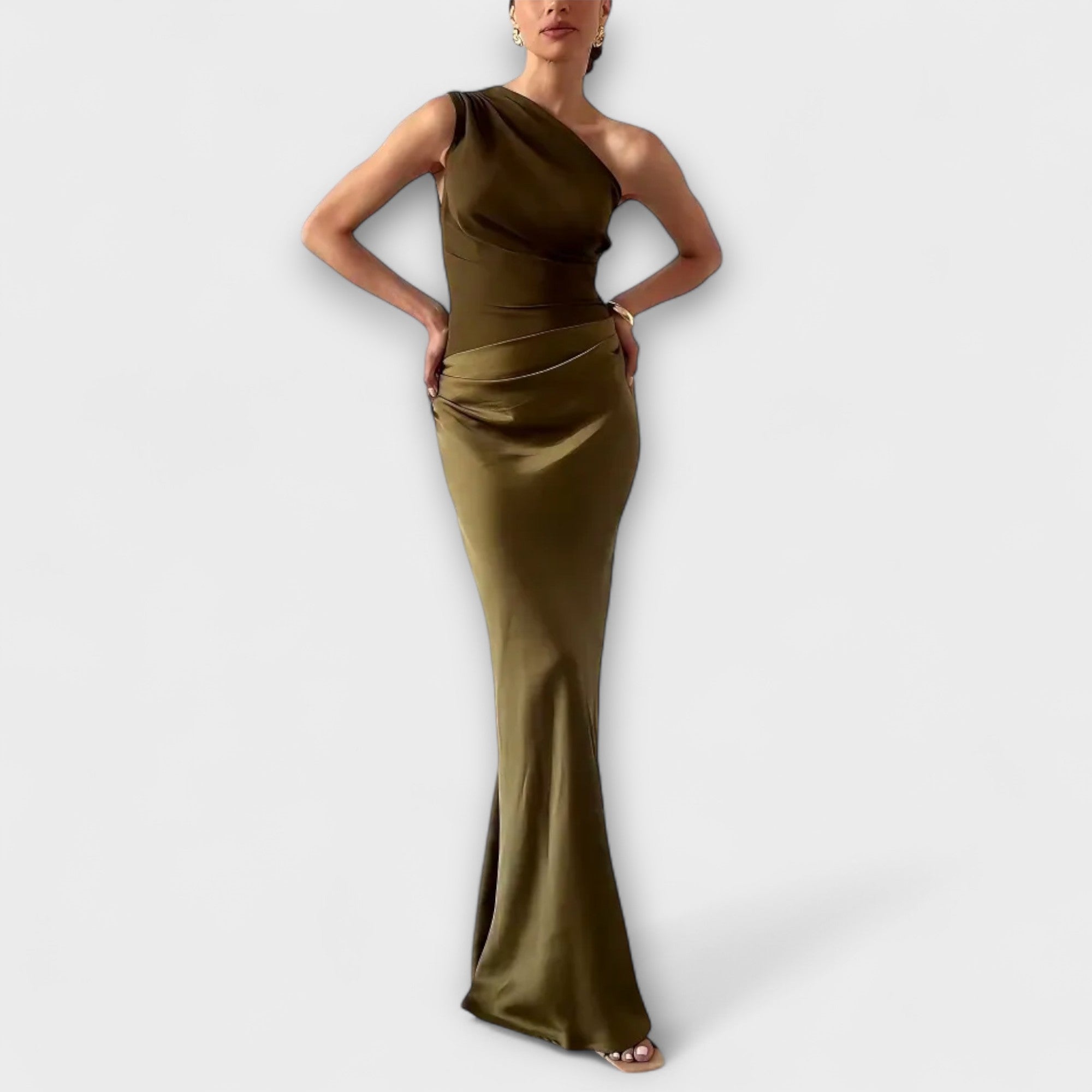 Elegante Vestido Maxi de Festa com Um Ombro Plissado