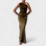 Elegante Vestido Maxi de Festa com Um Ombro Plissado