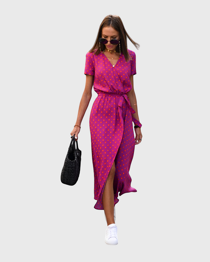 Luisa - Vestido longo elegante com mangas curtas e cinto
