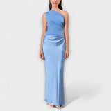 Elegante Vestido Maxi de Festa com Um Ombro Plissado