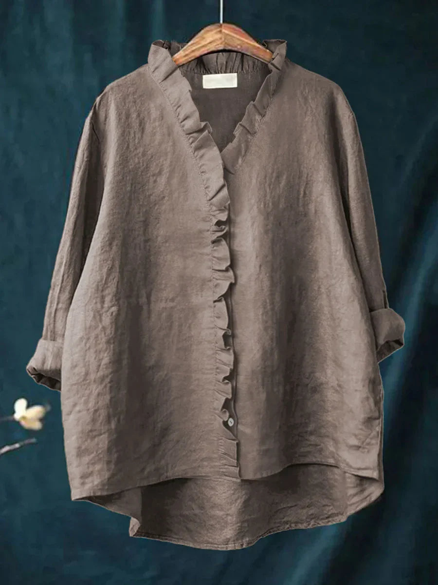 Camisa de Algodão e Linho com Folhos