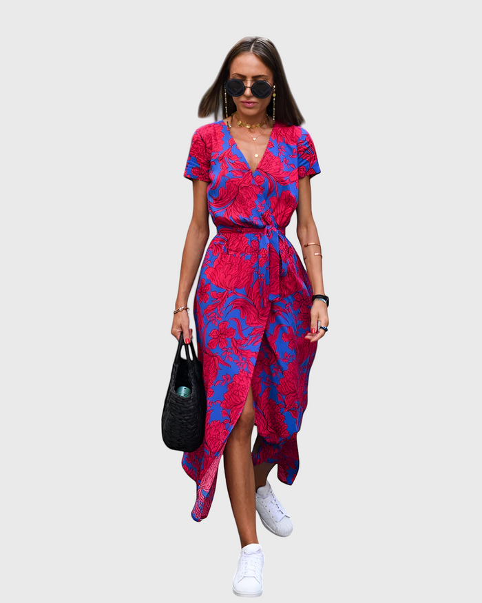Luisa - Vestido longo elegante com mangas curtas e cinto