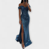 Vestido de Verão para Mulheres – vestido maxi sem alças com brilhos e fenda para Casamento & Festa