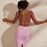 Vestido Midi Sem Costas com Gola em Rosa
