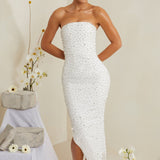 Vestido Midi Assimétrico Bordado à Mão em Branco