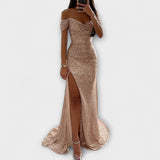 Vestido de Verão para Mulheres – vestido maxi sem alças com brilhos e fenda para Casamento & Festa