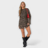 Vestido de Malha com Estampa de Leopardo e Mangas Bufantes