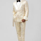 Casaco de Lapela Jacquard em Glitter Champagne 2 Peças para Homens com Cinto