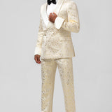 Casaco de Lapela Jacquard em Glitter Champagne 2 Peças para Homens com Cinto