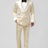 Casaco de Lapela Jacquard em Glitter Champagne 2 Peças para Homens com Cinto