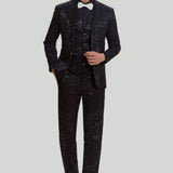 Fato Masculino Preto de 3 Peças com Casaco, Colete e Calças em Jacquard