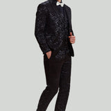 Fato Masculino Preto de 3 Peças com Casaco, Colete e Calças em Jacquard