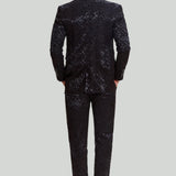 Fato Masculino Preto de 3 Peças com Casaco, Colete e Calças em Jacquard