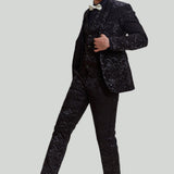 Fato Masculino Preto de 3 Peças com Casaco, Colete e Calças em Jacquard