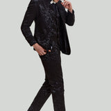 Fato Masculino Preto de 3 Peças com Casaco, Colete e Calças em Jacquard