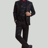 Fato Masculino Preto de 3 Peças com Casaco, Colete e Calças em Jacquard