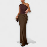 Elegante Vestido Maxi de Festa com Um Ombro Plissado
