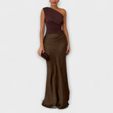 Elegante Vestido Maxi de Festa com Um Ombro Plissado