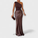 Elegante Vestido Maxi de Festa com Um Ombro Plissado