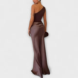 Elegante Vestido Maxi de Festa com Um Ombro Plissado