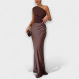 Elegante Vestido Maxi de Festa com Um Ombro Plissado