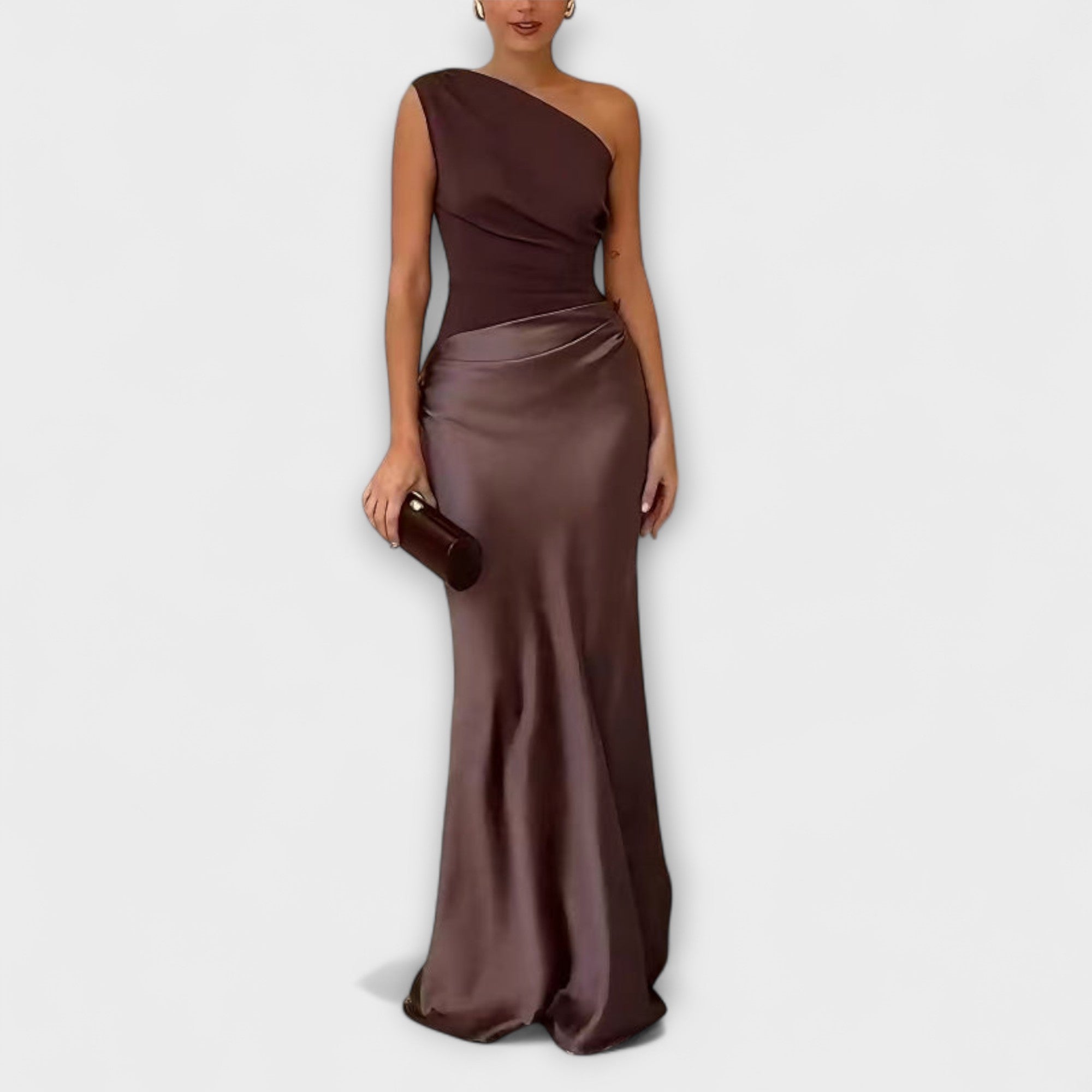 Elegante Vestido Maxi de Festa com Um Ombro Plissado