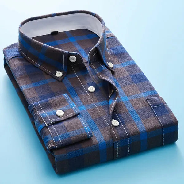 Camisa de Botão de Manga Longa Tartan para Homens