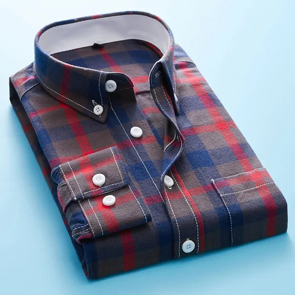 Camisa de Botão de Manga Longa Tartan para Homens