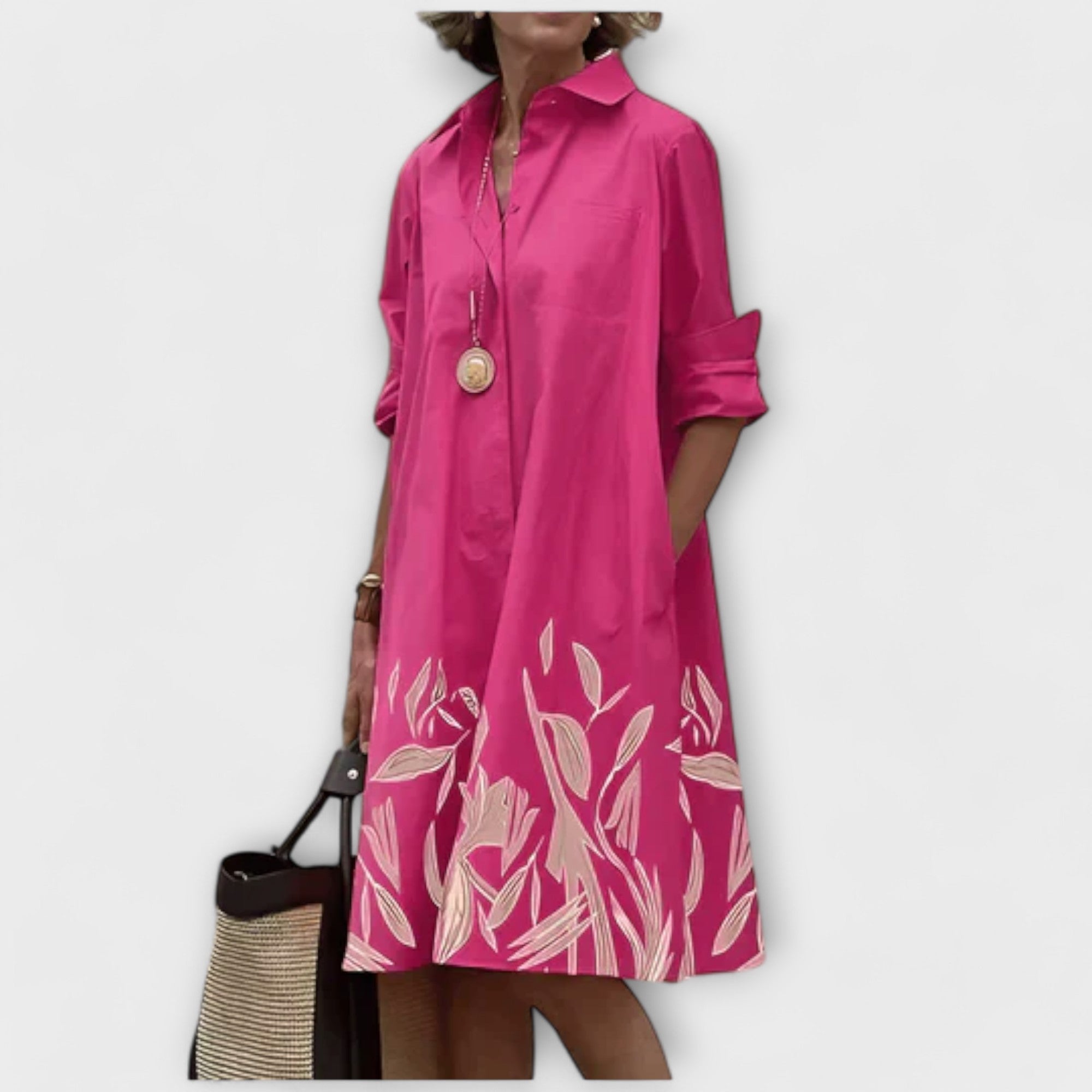 Vestido Hemdblus com Gola e Mangas Três Quartos