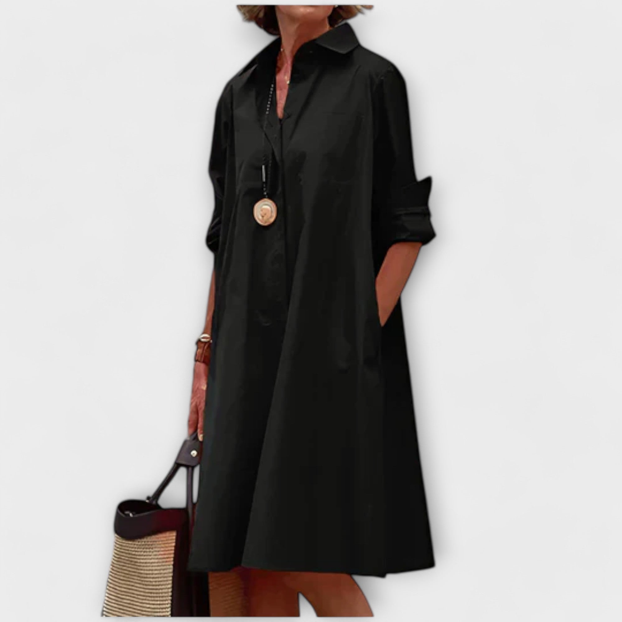 Vestido Hemdblus com Gola e Mangas Três Quartos