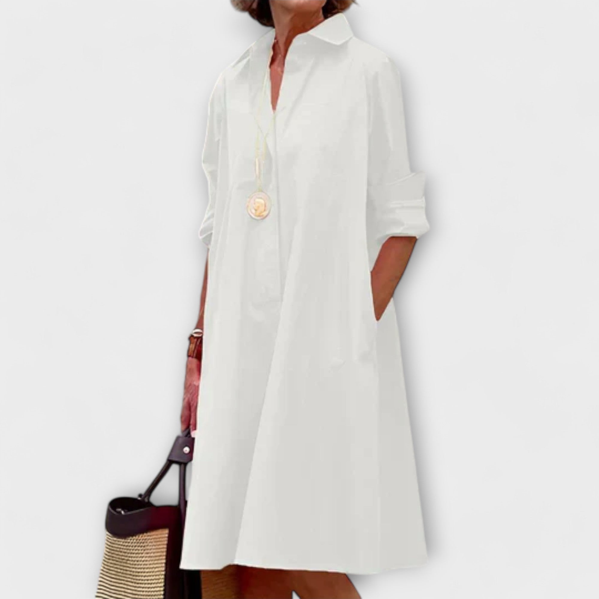 Vestido Hemdblus com Gola e Mangas Três Quartos