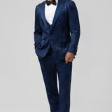 Fato Masculino em Jacquard Azul Escuro com Lapela de Pico em 3 Peças