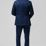 Fato Masculino em Jacquard Azul Escuro com Lapela de Pico em 3 Peças