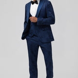 Fato Masculino em Jacquard Azul Escuro com Lapela de Pico em 3 Peças