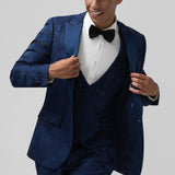 Fato Masculino em Jacquard Azul Escuro com Lapela de Pico em 3 Peças