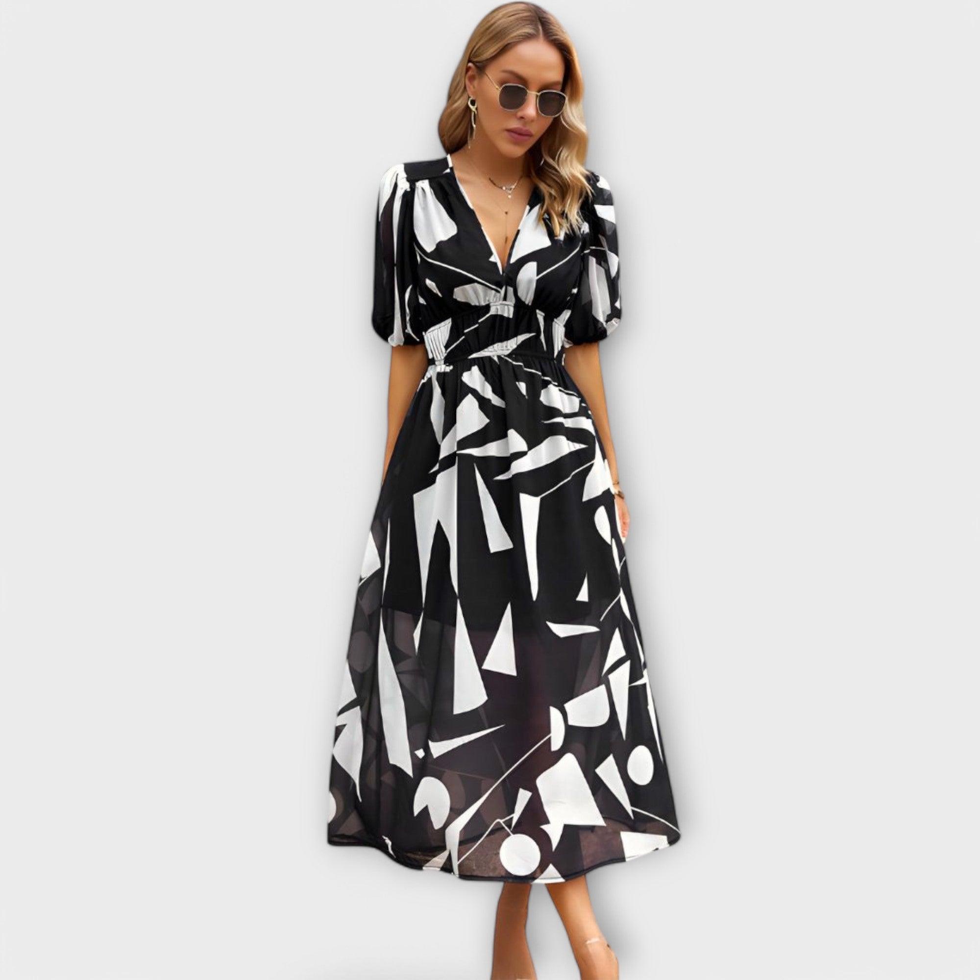Vestido Maxi Abstracto com Mangas Bufantes