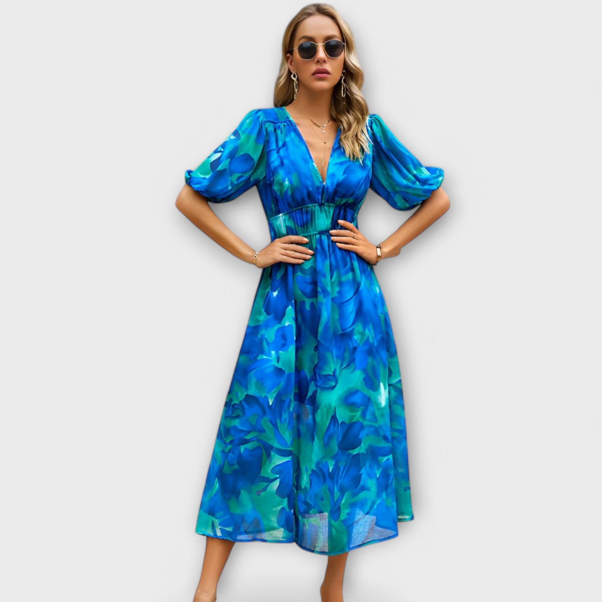 Vestido Maxi Abstracto com Mangas Bufantes