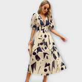 Vestido Maxi Abstracto com Mangas Bufantes
