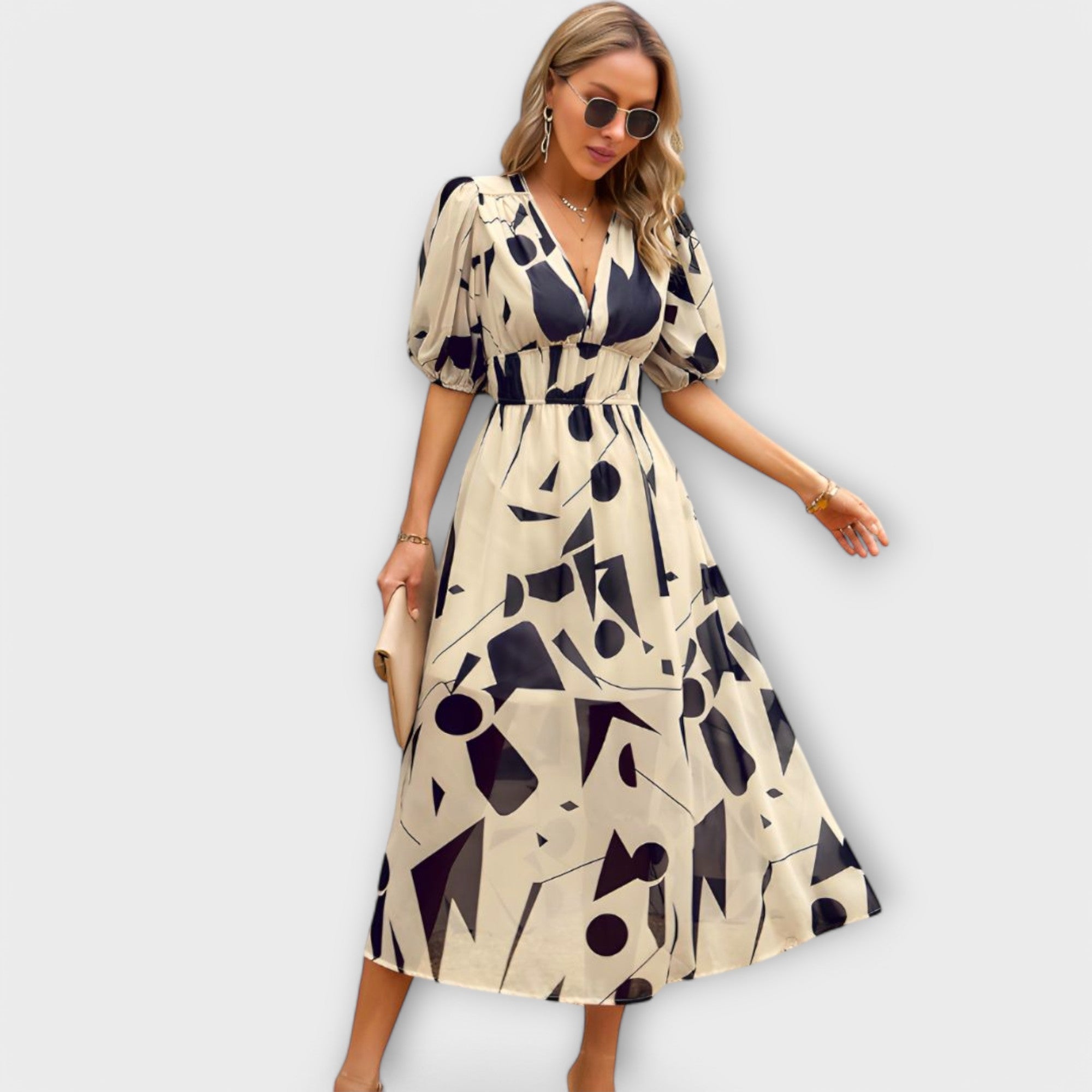 Vestido Maxi Abstracto com Mangas Bufantes