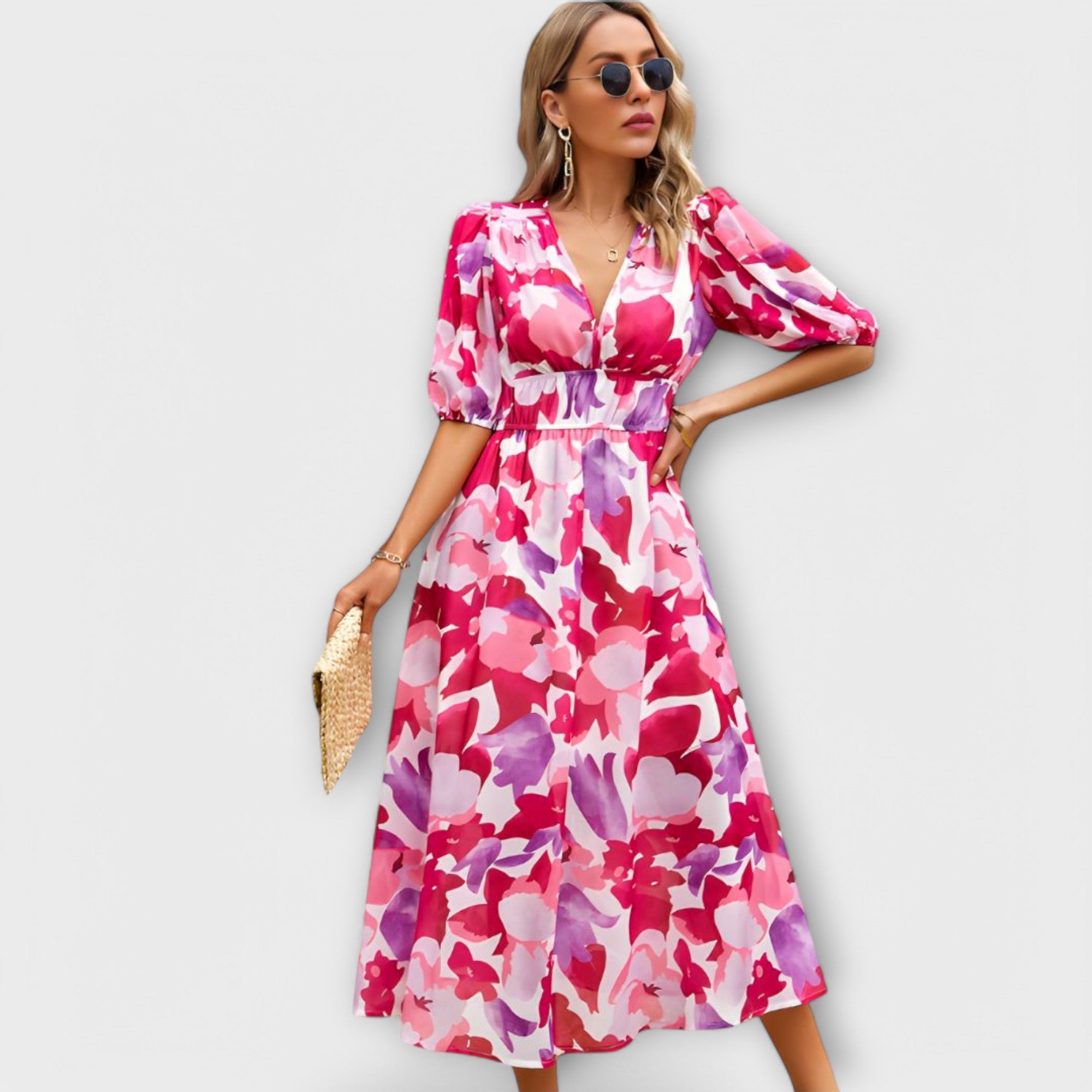 Vestido Maxi Abstracto com Mangas Bufantes