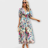 Vestido Maxi Abstracto com Mangas Bufantes