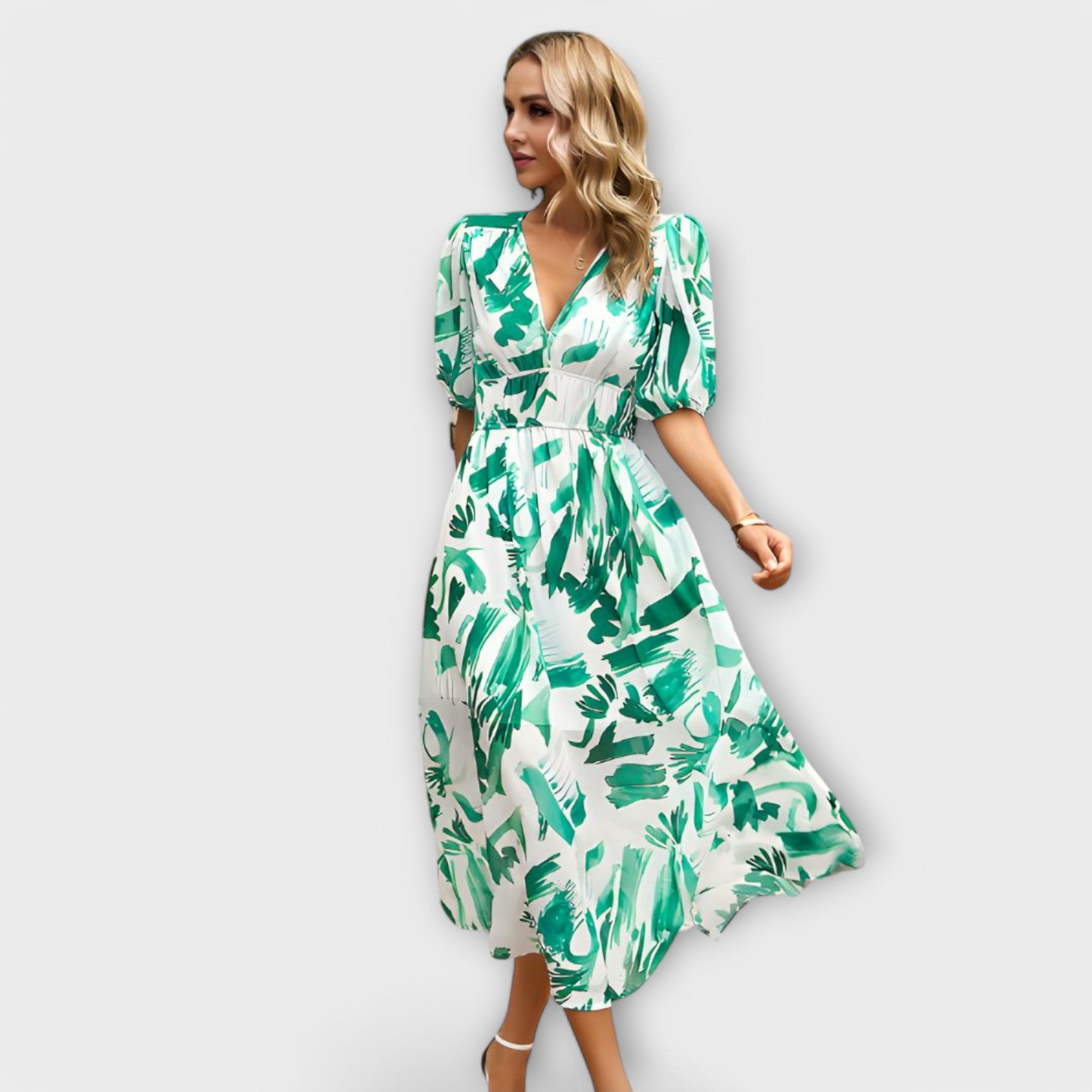 Vestido Maxi Abstracto com Mangas Bufantes