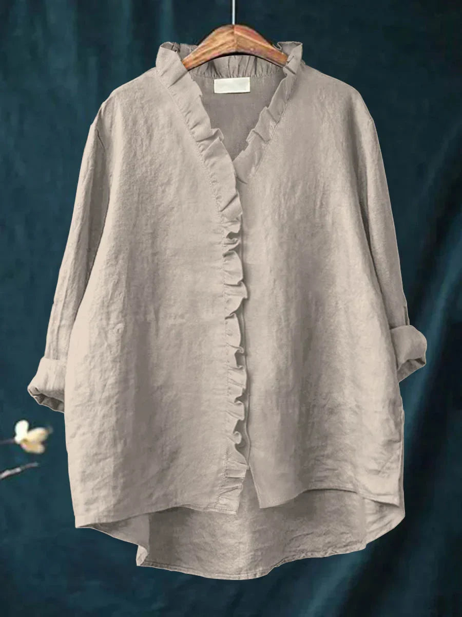 Camisa de Algodão e Linho com Folhos