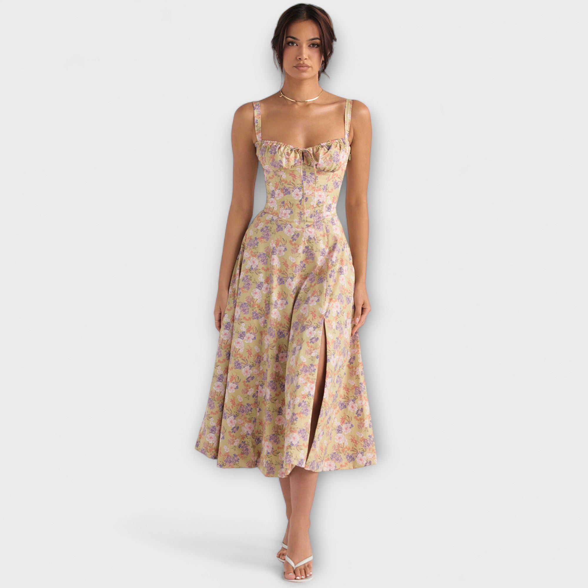 Zipporas - Vestido bustier detalhado com estampa moderna de flores de primavera